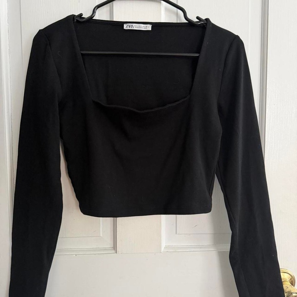 Zara Crop Black Long Sleeve Square Neck Top, Size L